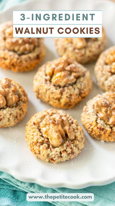 These Italian walnut cookies are naturally gluten-free and dairy-free, and made with only 3 simple ingredients. Best part? They’re ready in 20 minutes! Italian Walnut Cookies Recipe, Gluten Free Walnut Cookies, Walnuts Cookies Recipe, Walnut Cookies Recipes Easy, Walnut Cookies Christmas, Italian Walnut Cookies, Walnut Cookies Recipe, Cookies With Walnuts, Walnut Cookie Recipes