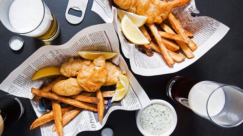 We show you how to master the fryer with this classic dish of beer-battered fish and thick fries. Fried Fries, Battered Cod, Fish N Chips Recipe, British Beer, Beer Battered Fish, Fish N Chips, Beer Battered, Battered Fish, Food Seafood