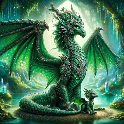 🌟✨ Behold the majestic Dragon Queen of Emerald, standing regally with her precious baby dragon. In a mystical forest where magic thrives and the light shimmers through ancient trees, their bond is unbreakable and enchanting. 🐉👑💚 #DragonQueen #EmeraldDragon #FantasyArt #MotherAndChild #MysticalForest #Magic #Art #Fantasy #Enchanting #Majestic #DigitalArt Dragon Powers, Dragon Green, Magic Animals Art, Mythical Dragon Art, Dragon Fantasy Art, Magic Dragon, Fantasy Dragons, Mystical Dragon, Forest Dragon