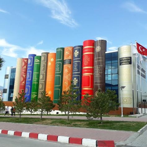 This Turkish library is shaped like a shelf of giant books. ‹ Literary Hub Turkey University, Library Exterior, Library Staircase, Cartoon Town, Bookshop Café, What Is Design, Designs Wallpaper, Literary Travel, Istanbul Photography