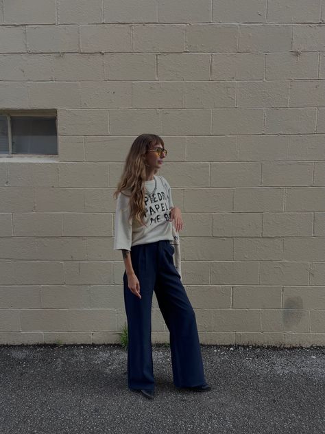 trousers fall fashion style chic street grunge depop thrifted depop tailored trend cowboy boots Cowboy Boots Wide Leg Pants, Western Trouser Outfit, Western Boot Street Style, Cowboy Boots Outfit Grunge, Cowboy Boots Baggy Jeans, Street Grunge, Navy Trousers, Job Clothes, Archive Fashion