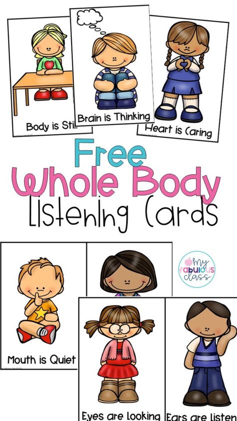 Whole Body Listening is a great way to teach kids classroom expectations. It provides studenst with visuals to support them throughtout the day. You can these whole body listening cards free on my blog. Perfect for Kindergarten Classroom, Preschool Classroom, and 1st grade Classroom. Get additional tips for classroom management. Positive Bheavior Management. Positive Reinforcement Kindergarten, Whole Body Listening Activities Preschool, What My Body Can Do Preschool, Kindergarten Classroom Visuals, Behavior Cards For Classroom, How To Get Preschool Class To Listen, Getting Kindergarteners To Listen, Prek Classroom Visuals, Classroom Management Visuals