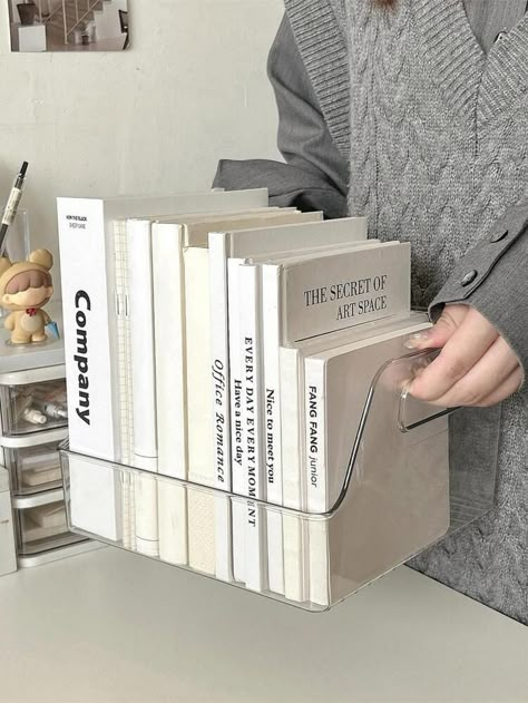 1pc Transparent Book Storage Box, Dormitory Desk Stationery Book Holder, Large Capacity Office File Basket | SHEIN USA Stationary Desk Aesthetic, School Mindset, Notebook Storage, Uni Essentials, Book Storage Box, Study Desk Decor, Cute Stationary School Supplies, Desk Stationery, Study Stationery