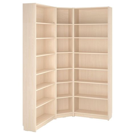 This bookcase has a height extension unit, allowing you to make the most of the wall area. BILLY is a versatile bookcase that works just as good as a storage unit and is suitable to use in many different ways at home. The shallow and adjustable shelves help you customize your BILLY and allow you to use it as you like – for storing everyday items, memorabilia or other things you collect.​ BILLY has a simple and timeless design that is easy to pers Bookcase In Apartment, Corner Bookshelves Ideas, Ikea Bookshelf Library, Billy Bookcase Lighting, Ikea Bookcase Built In, Ikea Library Ideas, Sliding Bookshelves, Built In Corner Bookshelves, Billie Bookcase