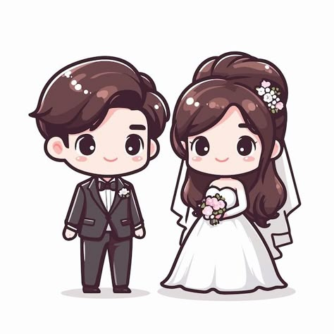 Wedding Cartoon Illustration, Wedding Cartoon Couple, Chibi Couple Poses, Married Cartoon, Wedding Couple Vector, Cartoon Printable, Wedding Cartoon, Cute Chibi Couple, Bride And Groom Cartoon