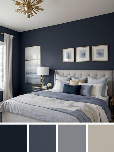 Pictures Wall Ideas, Couples Small Bedroom, Small Bedroom Layouts, Blue And Gold Bedroom, Blue Gray Bedroom, Small Bedroom Inspiration, Blue Bedroom Walls, Dark Blue Bedrooms, Small Bedroom Layout