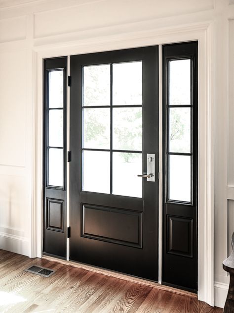 Black Front Entry Doors With Sidelights, Black Glass Front Door With Sidelights, Farmhouse Exterior Entry, Colonial House Front Door Ideas, Farmhouse Front Door With Glass, Black Front Door With Glass Window, Satin Etch Glass Front Door, Double Front Entry Doors Black, Black Door With Sidelights