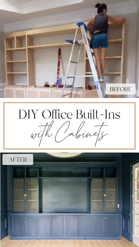 Ikea Cabinet Built Ins, Diy Built Ins Using Stock Cabinets, Diy Built In Desk With Cabinets, Diy Office Built Ins With Desk, Built In Office Desk And Cabinets, Diy Wall Unit, Diy Built In Desk, Art Room Office, Stock Cabinet