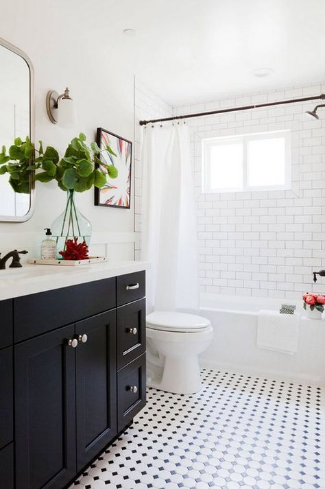 Black and White Bathroom with subway tile shower, interesting tile detail around window Florida Bathroom, Makeover Kamar Mandi, Sunset House, Vintage Style Bathroom, Subway Tile Showers, House Flipping, Subway Tiles Bathroom, Bilik Air, Mosaic Floor Tile