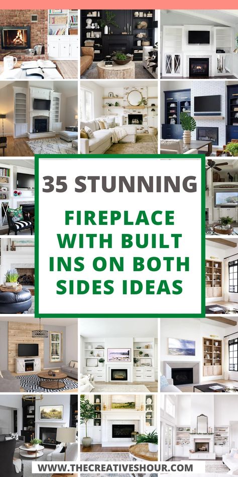 Elevate your space with the timeless charm of a fireplace flanked by built-ins on both sides, harmonizing seamlessly with vaulted ceilings or embracing the rustic allure of farmhouse aesthetics. Incorporate windows for an abundance of natural light or infuse craftsman style for an architectural statement. DIY enthusiasts can channel their creativity while curated decor transforms built-ins into elegant showcases. Fireplace And Built Ins Makeover, Built In Fireplace Ideas, Fireplace Makeover With Built Ins Bookshelves, Fireplace Tv Built In Shelving, Built In Shelves Around Fireplace Living Room, Fireplace With Bookshelves On Both Sides, Built In Shelves With Fireplace And Tv, Diy Built Ins With Fireplace, Tv Over Fireplace With Built Ins