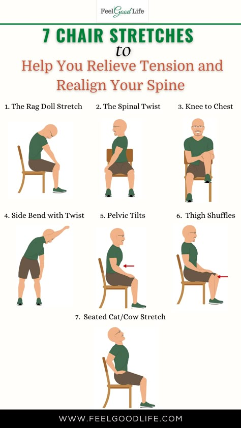 If you spend a lot of time sitting at a desk or in a chair, you may experience tension and discomfort in your back, neck, and shoulders. These seven chair stretches can help you relieve tension and realign your spine, improving posture and reducing pain. Best of all, you can do these stretches anytime, anywhere, making them an excellent option for busy individuals. #chairstretches #posture #spinealignment #fitness #wellness #selfcare #healthylifestyle #stretching #relaxation #mindbody Stretching For Sitting All Day, Desk Posture Tips, Seated Back Stretches, Sitting Stretches, Posture Pilates, Chair Stretches, Office Exercises, Posture Tips, Forward Head Posture Exercises