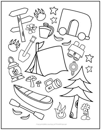 Summertime is for camping, and all your little campers will have fun coloring our Camping Collage Coloring Page, featuring a canoe and a canteen, pup tent and pine tree, and everything else you might need for a night under the stars! Collage Coloring Pages, Camping Collage, Easy Collage, Squirrel Coloring Page, Camper Quilt, Camping Coloring Pages, Rainy Afternoon, Simple Collage, Character Words