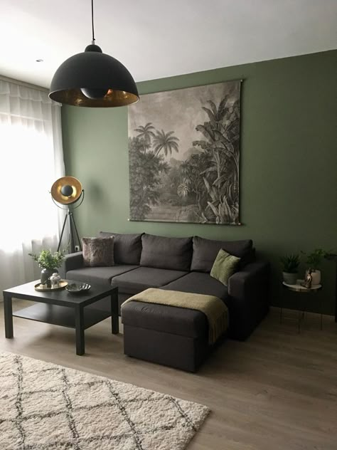 Grey And Green Apartment Living Room, Green Grey Living Room Decorating Ideas, Olive Green Wall Living Room Ideas, Small Living Room Ideas Sage Green, Cosy Sage Green Living Room, Olive Green Small Living Room, Green Grey Black Wood Living Room, Dark Grey And Sage Living Room, Dark Grey And Olive Green Living Room