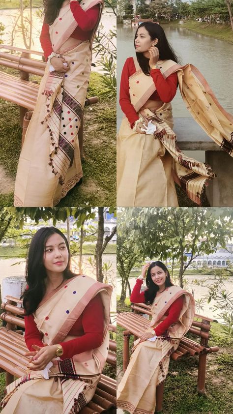 Traditional Dress Aesthetic, Assamese Traditional Dress, Sador Mekhela, Assamese Bride, Mekhela Sador, Mekhela Chador, Aesthetic Culture, Muga Silk, Iphone Wallpaper Music