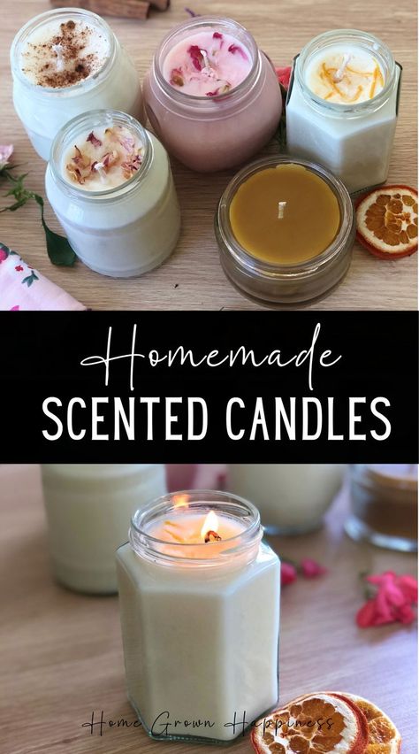 These homemade scented candles use recycled jars and their scents and colours can be tailored to what you like. Buying a good scented candle is pricy, but making them at home doesn’t have to be. I absolutely love candles and have been known to spend a pretty penny on them in the past. I’m kicking myself that I didn’t start making these sooner because they are so easy! And the repurposed jars can be used over and over again. Making Candles With Fresh Herbs, Easy Way To Make Candles, Homemade Candles How To Make, How To Make Jar Candles, Best Homemade Candle Scents, Natural Scents For Candle Making, How To Make A Homemade Candle, Candle Making Natural, How To Make Your Own Scented Candles