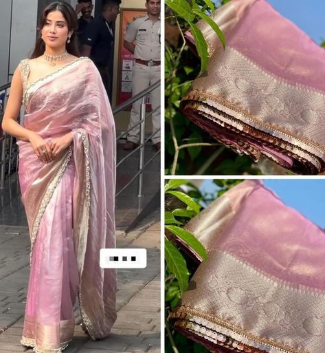 Grace and glamour in every fold. Inspired by Janhvi Kapoor, this pre-draped tissue silk sari with gotta and lace work is a masterpiece. 💖🌸 #MyProductMyPride #HandloomSari #Banaras #TissueSari #OOTD #naarishakti #nariinsaree #vocalforlocalindia #handwoven #weddingsaree #festivesarees #trendysaree #benarasisaree #celebsareestyles #bollywoodsarees Paper Silk Saree, Gotta Work, Janhvi Kapoor, Designer Sarees Collection, Tissue Saree, Trendy Sarees, Silk Sari, Wedding Boutique, Party Wear Sarees