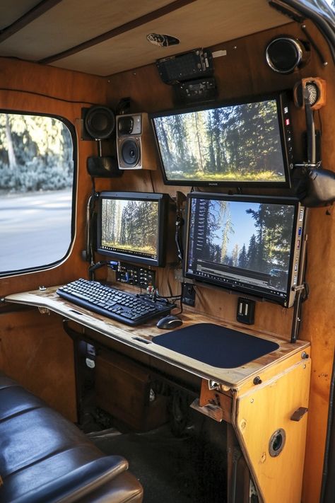 42 Digital Nomad Camper Van Conversion Ideas - TastyInteriors Trailer Conversion To Camper, Van Conversion Office, Small Van Conversion Ideas Layout, Van Living Conversion, Truck Camper Interior, Camper Office, Van Conversion Ideas, Modern Camper, Nomadic Living