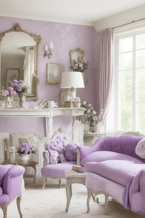 Lavish in Purple: Modern French Country Dream Living Room
Description: Experience luxury wrapped in soft hues of purple in this Modern French Country Dream Living Room. Antique mirrors and ornate decorations complement the regal purple seating. Fresh flowers grace an elegant fireplace, while delicate teacups add charm. The plush furniture beckons you to unwind amidst the grandeur and grace of this dreamy French sanctuary. French Bedroom Curtains, Pastel Blue And Purple Bedroom, Purple Furniture Living Room, Purple And White Living Room, Purple For Bedroom, Lilac Living Room Ideas, Purple House Interior Ideas, Lavender Room Ideas, Lilac Living Room