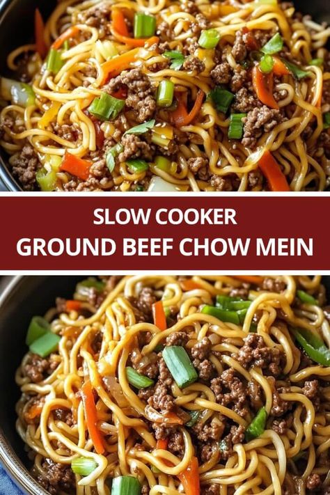 Slow Cooker Ground Beef Chow Mein Crockpot Low Mein, Beef Noodles Slow Cooker, Cabbage And Ground Beef Chow Mein Casserole, Slow Cooker Beef Chow Mein, Crockpot Beef Ideas, Minced Beef Recipes Slow Cooker, Ground Beef Slow Cooker Meals, Crockpot Meal Ground Beef, Slow Cooker Mongolian Ground Beef Chow Mein