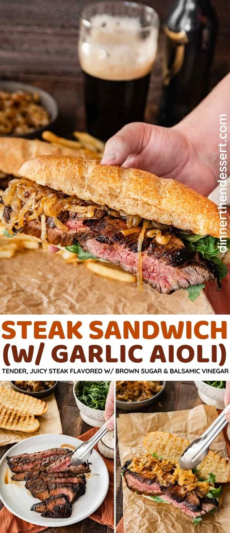 Balsamic Steak Sandwich, Sandwich Recipes Steak, Recipes With Garlic Aioli, Teriyaki Steak Sandwich, Steak And Onion Sandwich, Garlic Aoli Recipe For Steak, Garlic Bread Steak Sandwich, Sub Ideas Dinner, Steak Sandwich With Garlic Aioli