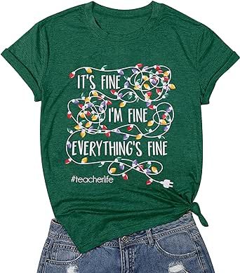 12 Days Of Halloween, Teacher Christmas Shirts, Christmas Party Tops, Cricut Ideas Projects, I Am Fine, Letter Print Tee, Im Fine, Blessed Mama, Tshirt Women