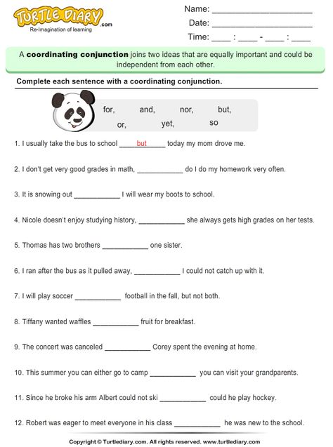 Complete the Sentence Using a Coordinating Conjunction Coordinating Conjunctions Worksheet, Conjunction Worksheet, Conjunctions Activities, English Punctuation, Compound Sentence, Learn To Read English, Simple And Compound Sentences, Conjunctions Worksheet, Grammar Sentences