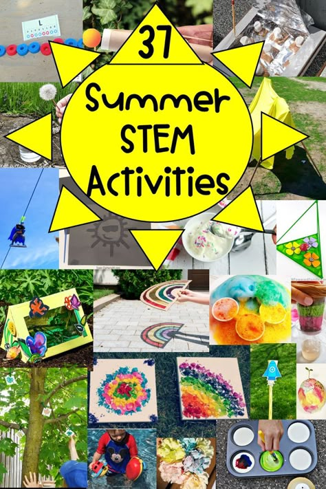 The pin shows a collage of pictures of STEAM activities such as fizzing rainbow, sunscreen imprint on paper, melting DIY smores, rainbow shadows and DIY bug home. Summer Stem Activities For Kids, Summer Stem Projects, Summer Stem Activities, Projects For Elementary Students, Summer Daycare, Toddler Stem, Kindergarten Stem, Elementary Stem Activities, Summer Stem