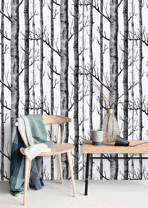 Bedroom Peel And Stick Wallpaper, Black And White Oak Tree Wallpaper, Birch Tree Wallpaper Bathroom, Black And White Tree Wallpaper, Peel And Stick Wallpaper Black, Tree Wall Paper Bathroom, Black Contact Paper, Tree Wallpaper Bedroom, Tree Wallpaper Black And White