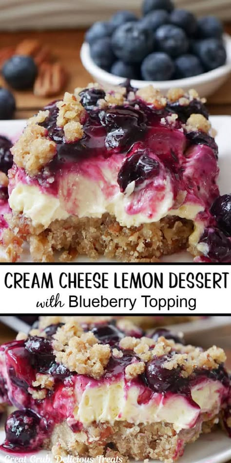 Cream Cheese Lemon Dessert with Blueberry Topping Blueberry With Cream Cheese Recipes, Lemon Fall Dessert, Blueberry Lemon Heaven Dessert, Lemon Blueberry Cream Cheese Bars, Lemon Blueberry Deserts, Blueberry Lemon Lasagna Dessert, Lemon Blueberry Lush, How To Use Up Blueberries, Family Favorite Desserts