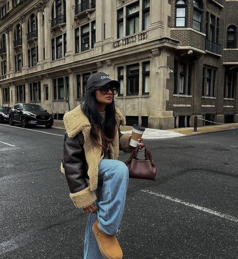 Kanchanalle | Atlanta blogger | Swinging by my go-to spot for that hot chocolate fix – ‘tis the season! 🍫 Christmas cheer is in full swing, and I’m gearing up for a… | Instagram Fur Suede Jacket Outfit, Brown Leather Jacket With Fur Outfit, Shearling Aviator Jacket Outfit, Brown Fur Lined Jacket Outfit, Leather And Fur Jacket Outfit, Leather Shearling Jacket Outfit, Fur Lined Jacket Outfit, Hockey Game Outfits For Women Winter, Jean Jacket With Fur Outfit