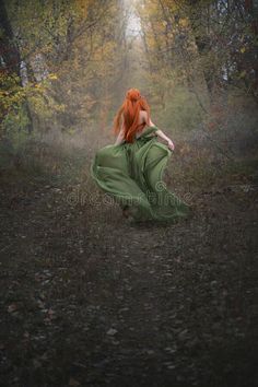 Red Dress Forest Photoshoot, Woman Running In Dress, Fairy With Red Hair, Fantasy Red Hair, Red Head Witch, Red Hair Fairy, Medieval Photoshoot, Woman In Forest, These Broken Stars