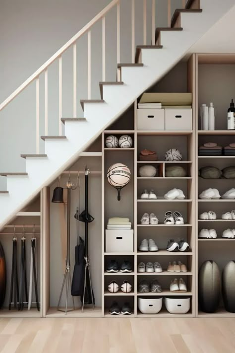 Shoe Storage Under Stairs, Office Under Stairs, Shoe Aesthetics, Cabinet Under Stairs, Under Stairs Space, Kitchen Under Stairs, Under Stairs Storage Ideas, Closet Under The Stairs, Under Stairs Pantry