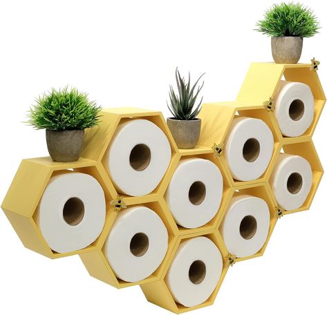 Honeycomb Toilet Paper Holder with Bees - Holds 9 Rolls. Black Toilet Paper Holder, Toilet Paper Holder Stand, Black Toilet Paper, Yellow Wood, Hexagon Design, Wall Mounted Toilet, Toilet Roll Holder, Toilet Paper Roll, Toilet Roll