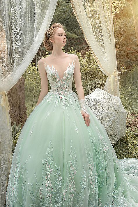 We cannot resist this refreshing green ball gown from Bella Wedding Dress featuring delicate floral embroideries! » Praise Wedding Community Green Trumpet Wedding Dress, Pistachio Wedding Dress, Pink And Green Wedding Dress, Sea Green Wedding Dress, Sage Green Wedding Dress For Bride, Fairytale Wedding Dress Green, Pastel Green Wedding Dress, Wedding Dresses With Green Accents, Pale Green Wedding Dress