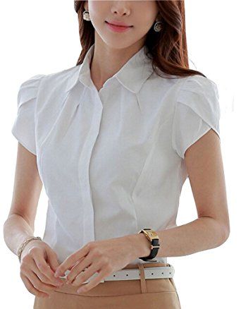 DPO Lady's Cotton Formal Pleated Short Sleeve Blouse White Solid 4 Tag M Charlie Blackwood, Pleated Sleeves Blouse, High Waisted Slacks, Button Down Shirt Short Sleeve, Tulip Sleeve, Pleated Sleeves, Movie Costumes, Pleated Blouse, Women Formals