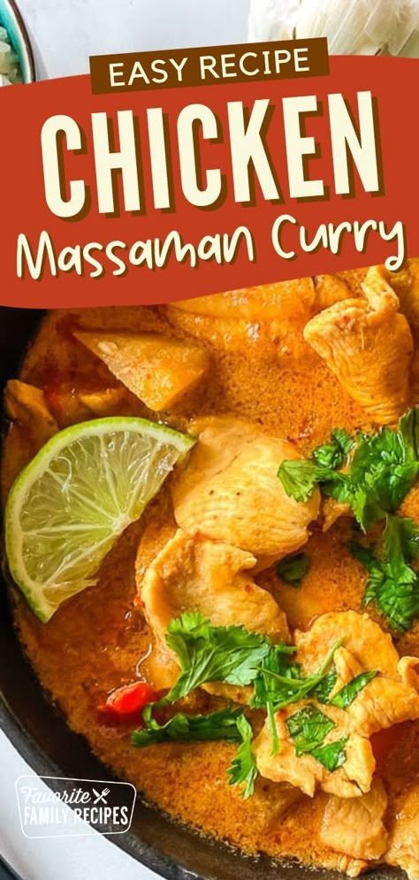 This Chicken Massaman Curry recipe is mild, sweet, and full of Indian spices like cinnamon and cardamom. Massaman curry is sweet due to the coconut milk. If you like sweeter curries, then you will love this one. No need to reach for the takeout menus, just try this flavorful curry dish right in the comfort of your own kitchen! Easy Massaman Curry, Massaman Curry Chicken Thai, Chicken Massaman Curry Recipe, Thai Massaman Curry Recipe, Masman Curry Recipe, Masman Curry, Massaman Curry Chicken, Mild Chicken Curry Recipe, Chicken Curry Recipe Indian