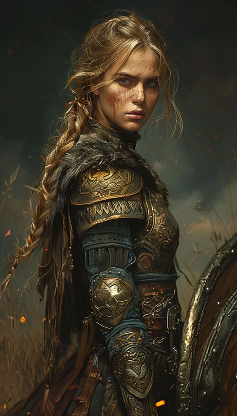 Viking Warrior Shield Maiden Victorian Warrior Woman, Viking Fantasy Aesthetic, Shield Maiden Aesthetic, Pictish Woman, Female Warrior Hairstyles, Medieval Queen Aesthetic, Female Warrior Aesthetic, Blonde Warrior Woman, Viking Woman Art