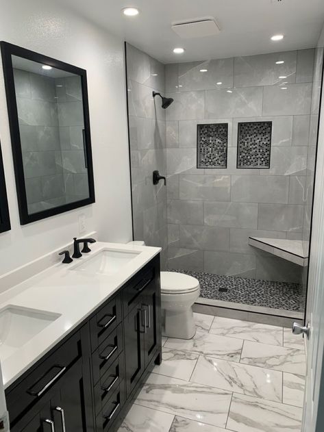 Gray And Black Shower Tile Ideas, Gray Tiled Bathrooms, Black And White Bathroom Remodel Ideas, Black And White Aesthetic Bathroom, Grey Tile Bathroom Ideas Color Schemes, Restroom Color Ideas Paint, Black Gray And White Bathroom, Modern Restroom Ideas, Small Gray Bathroom Ideas