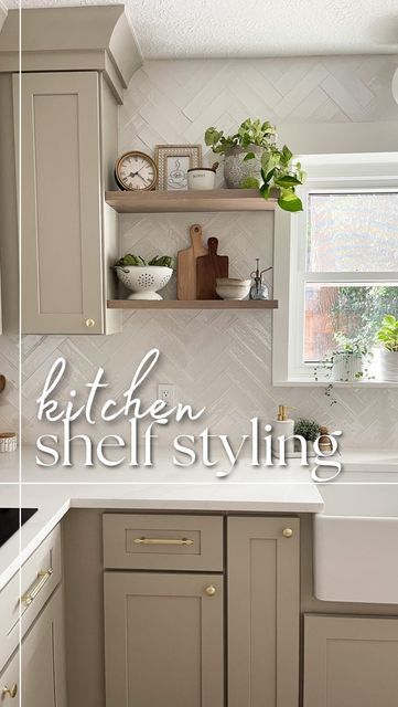 Kelsey | DIY & Real Life Reno on Instagram: "I can’t imagine a more beautiful thing. The @jeffreycourthd “Cotton Blossom” tile is the perfect subtle textured backdrop for these kitchen shelves! [gifted] #jeffreycourt #kitchenshelves #shelfstyling #openshelving #kitchentile #backsplash" Open Shelving With Tile Backsplash, Jeffrey Court Cotton Blossom Tile, Cotton Blossom Tile, Textured Backdrop, Granite Backsplash, Floating Shelves Kitchen, Kitchen Updates, Cotton Blossom, Kitchen Wall Tiles