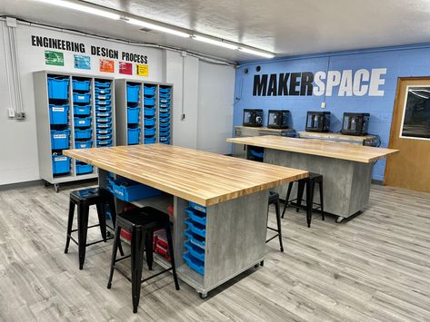 We love what Okeene Schools has done with transitioning this room into their STEM lab, and we are pleased to have helped them with the furnishings. WB’s Synergy Collection features their Nucleus Workstation with the butcher block work surface and storage available in the base of the table. WB’s Tote Tray Series are available in numerous configurations, and may be easily customized. WB’s ELO Series was chosen for the student tables and computer stations, with arched legs for more leg clearance, a Maker Space Storage, Stem Lab Design Classroom, Stem Room Design, Stem Lab Design, Lab Organization, Stem Room, Robotics Lab, Makerspace Design, Stem Robotics