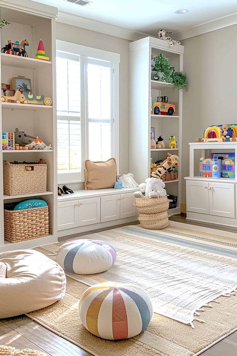 How to Organize Kids' Rooms and End the Toy Chaos Playroom Builtins Storage, Playroom With Jungle Gym, Playroom Big Toy Storage, Toy Room With Tv, Day Bed In Playroom Ideas, Shelves For Legos Kids Rooms, Main Floor Playroom Ideas, Playroom Ideas For One Year Old, Playroom Ideas With Tv And Couch