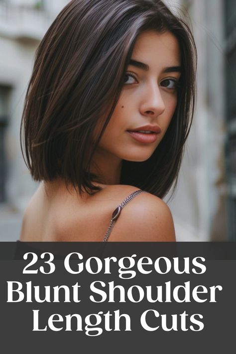 Woman with straight, shoulder-length hair looking over her shoulder, promoting 23 gorgeous blunt shoulder length cuts. One Length Bob Medium Fine Hair, Straight Length Haircut, One Length Shoulder Length Hair, Simple Straight Haircut, Shoulder Length Haircut For Straight Hair, Bluntcut Bob Shoulder Length, Straight Brunette Bob, Pearl Laser Bob, Long Straight Bob Hairstyles