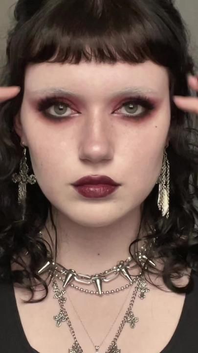 Smokey Eye Dark Lip, Dewy Goth Makeup, Vampire Red Makeup, Theater Stage Makeup, Red Goth Eye Makeup, Vampire Prom Makeup, Goth Makeup Red Lips, Romantic Vampire Goth Makeup, Goth Makeup Romantic