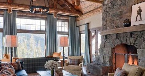 Should you use curtains in your  cabin or rustic mountain home?  Lot's of photos to help you make up your mind. Curtains In Log Home, Cabin Curtains Rustic Living Room, Log Cabin Windows, Log Cabin Window Treatments, Log Cabin Curtains, Lodge Window Treatments, Picture Window Curtains, Cabin Window Treatments, Log Cabin Modern