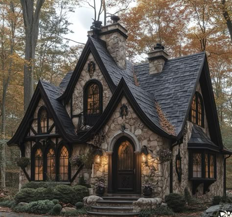 A fairytale cottage in the woods, stone and wood exterior with a dark roof shingle, gothic windows, a black door, a whimsical garden Stone And Wood Exterior, Gothic House Exterior, Roof Shingle, Gothic Cottage, Gothic Windows, Wood Exterior, Stone And Wood, Fairytale Cottage, Tiny Cottage