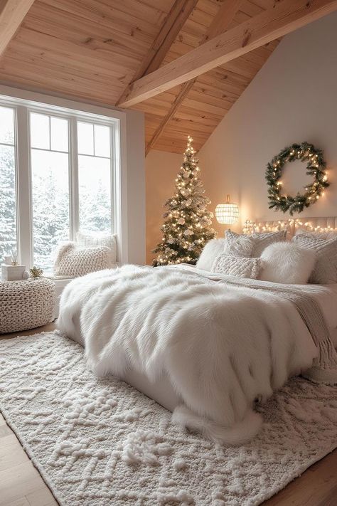 Fluffy Bedroom Aesthetic, Winter Room Aesthetic Bedroom, Winter Decorations Aesthetic, Bedroom Ideas Cute And Cozy, Christmas Decor Girly, Coastal Christmas Bedroom, Winter Wonderland Room Decor, White Winter Wonderland Christmas Decor, Christmas Room Inspo Cozy