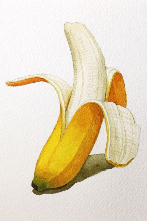 Water Colour Reference, Banana Painting Watercolor, Banana Reference Photo, Watercolour Reference Photos, Banana Drawing Realistic, Banana Reference, Banana Drawing Easy, Watercolor Art Realistic, Watercolor Food Paintings