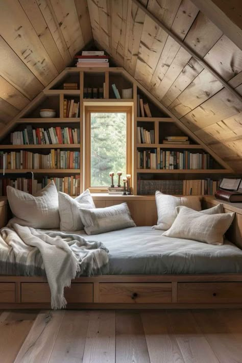 Low Ceiling Attic Bedroom Cozy, Dream Loft Bedroom, Bedrooms With Eaves, Attic Turned Bedroom, A Frame Attic Ideas, Small Bedroom Storage Ideas For Kids, A Frame Room Ideas Bedrooms, Angled Roof Bedroom, Big Cozy House