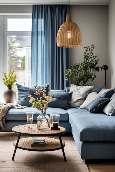 Blue Sofa Living, Blue Sofas Living Room, Blue Couch Living Room, Blue Couches, Corner Sofa Set, Blue Living Room, Industrial Loft, Blue Rooms, Design Living Room