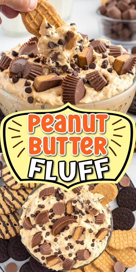 Peanut Butter Fluff Reeses Fluff, Cheesecake Fluff Recipes, Dessert Fluff Recipes, Simple Peanut Butter Desserts, Cool Whip Desserts Peanut Butter, Dessert Dipping Sauce Recipes, Peanut Butter Dip Recipes, Peanut Butter Chocolate Dip, Peanut Butter Dessert Dip